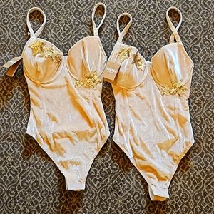 Gold Velvet Leotard Bodysuit w/ Sequin Stars Vintage. Matching set NWT